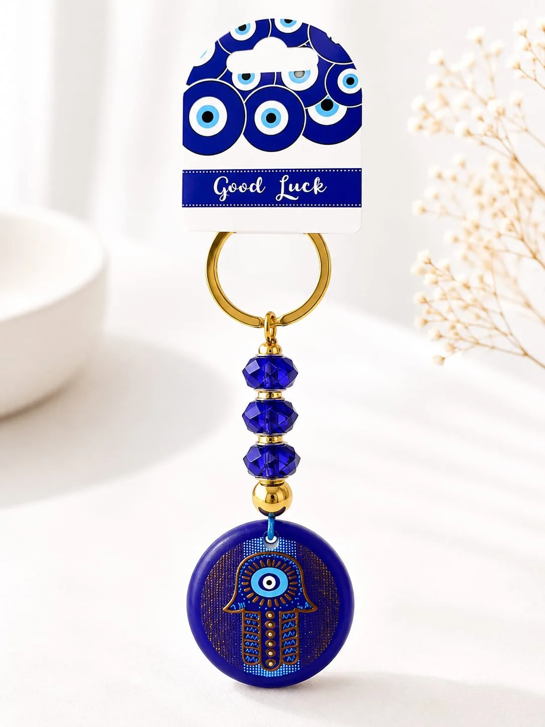 Llavero Dorado de Ojo Turco - Mano de Hamsa Azul