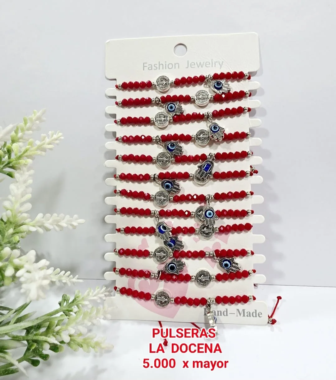 Pack 12 Pulsera Protectora de Hilo Rojo con Cristales Rojos Facetados, Medalla de San Benito y Dije Mano de Hamsa con Ojo Turco