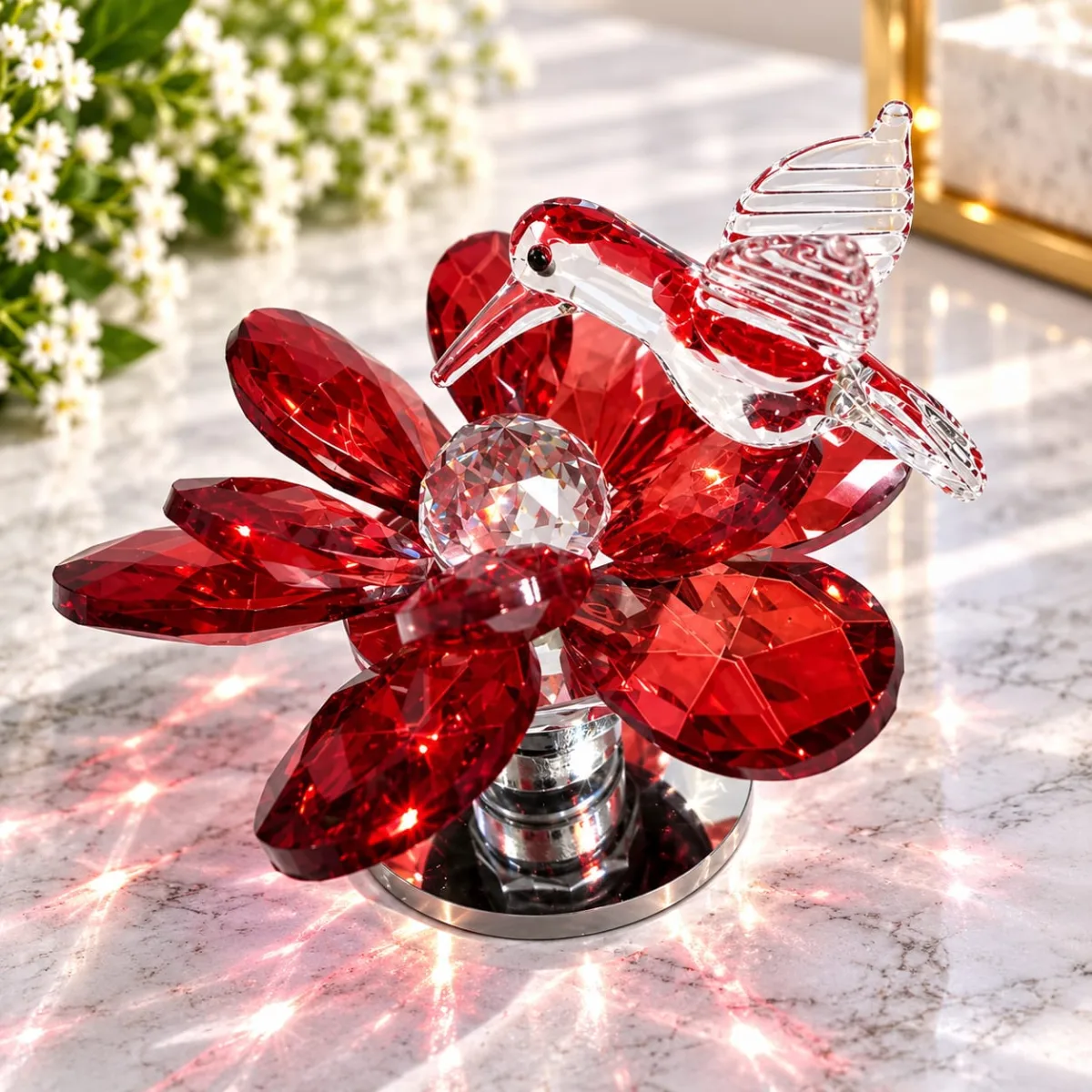 Flor de Loto con Colibrí Giratorio de Cristal (Rojo)