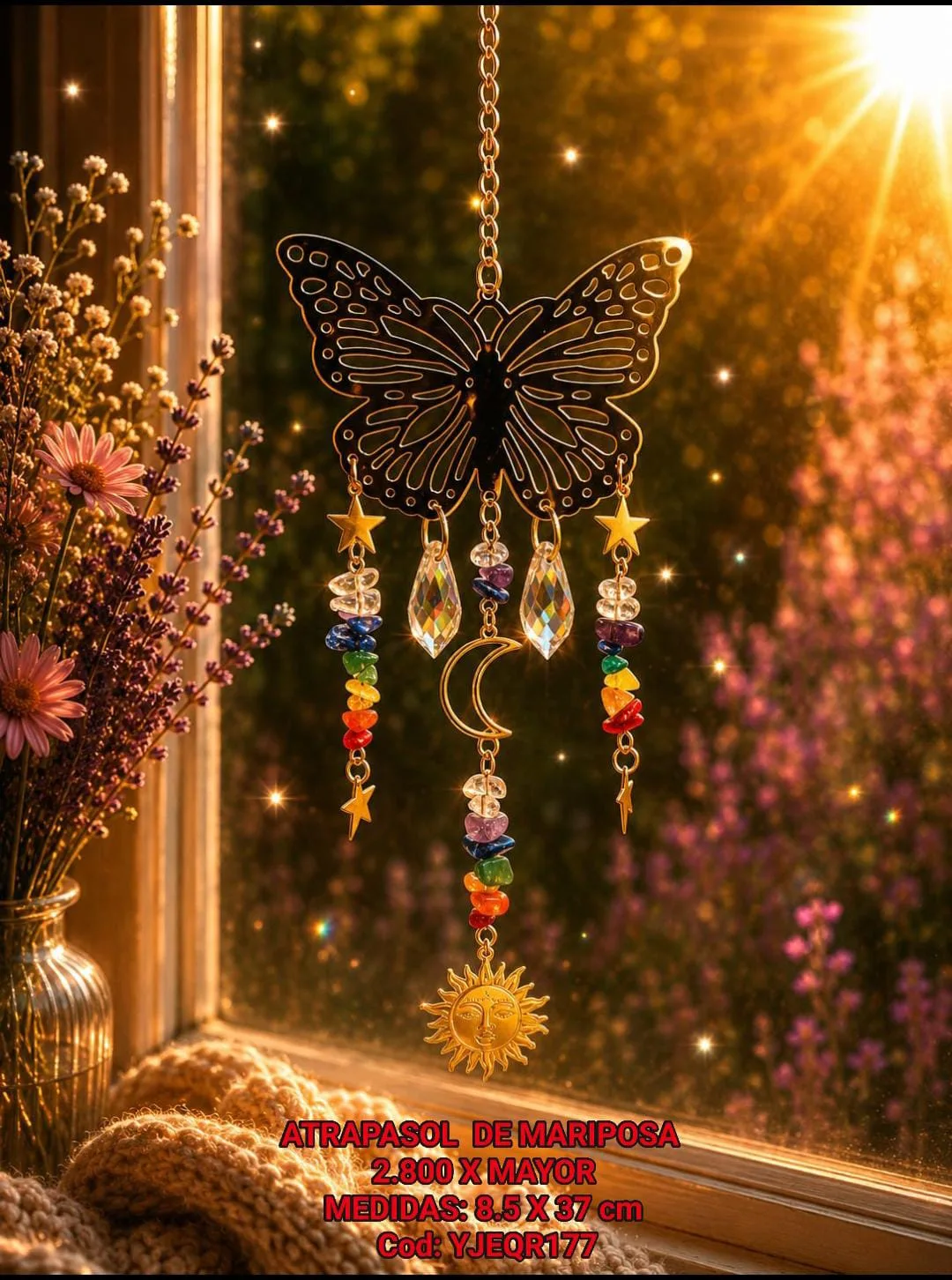 Atrapasoles Mariposa Dorada Calada con Piedras Chips 7 Chakras, Sol y Luna