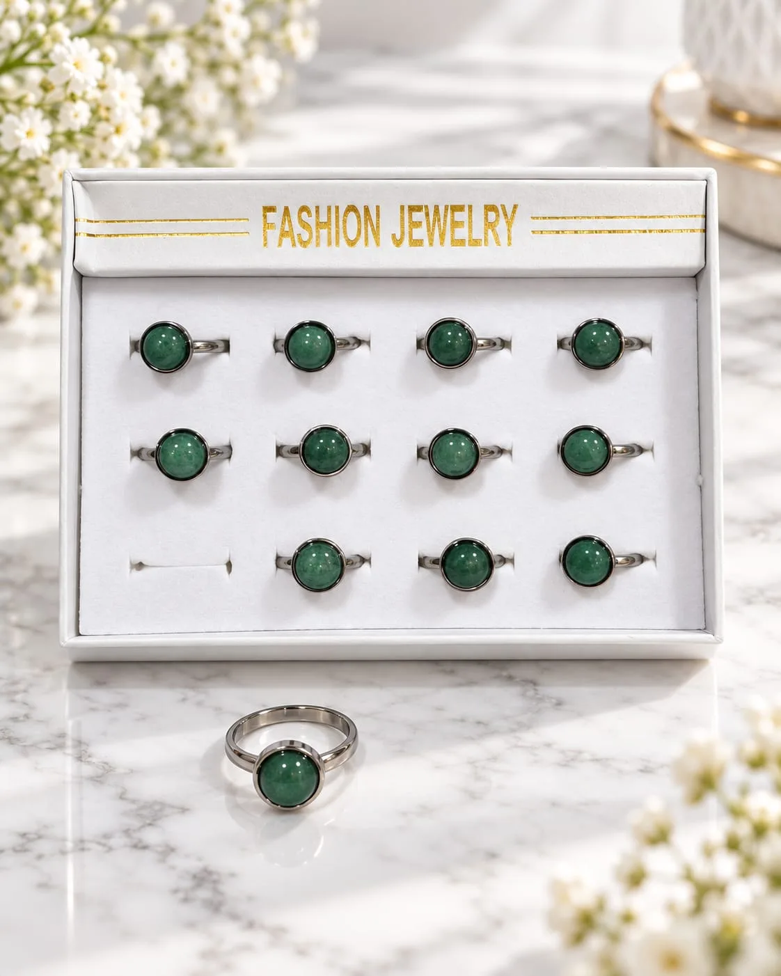 Caja de Anillos Ajustables de Acero con Jade