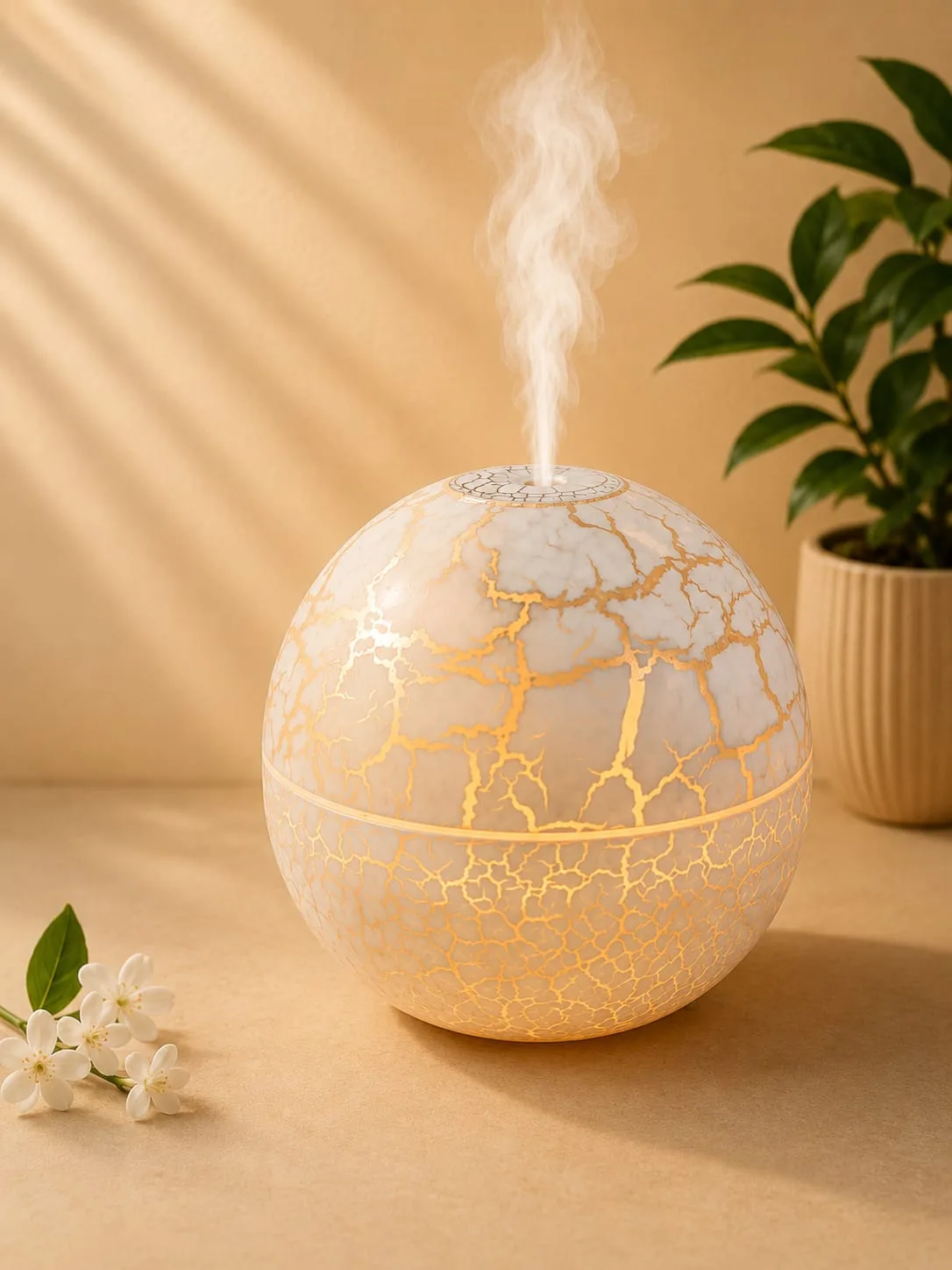 Difusor Humidificador Esfera de Vidrio Craquelado, Blanco y Dorado