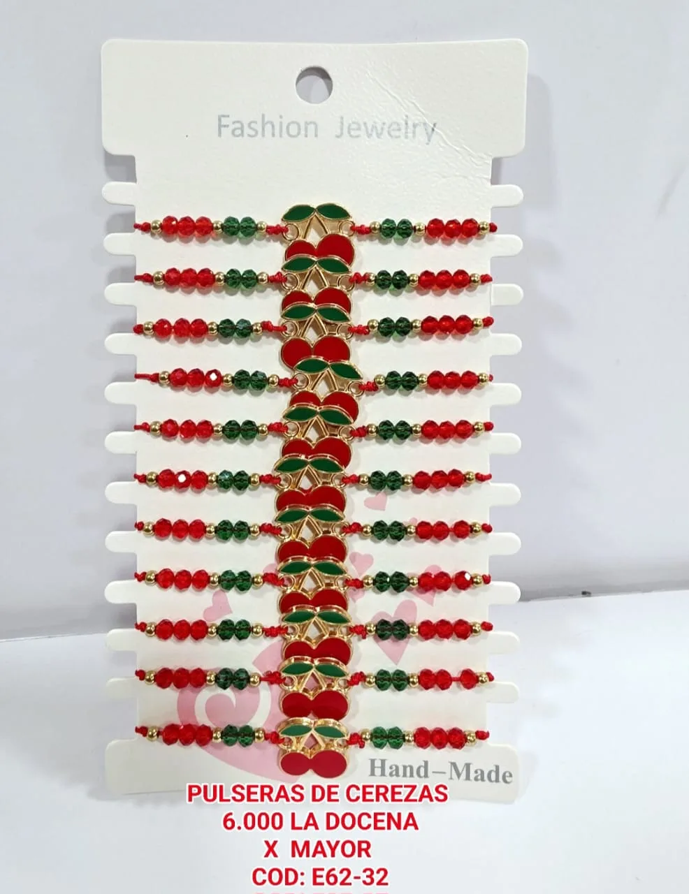 Pack 12 Pulsera Cerezas Esmaltadas con Cristales Facetados Rojos y Verdes