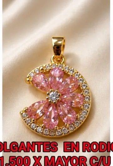 Colgante en Rodio - Luna con flor rosa