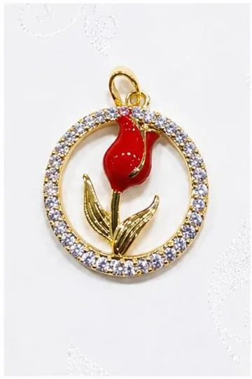 Colgante de Rodio - Aro circular con rosa roja esmaltada