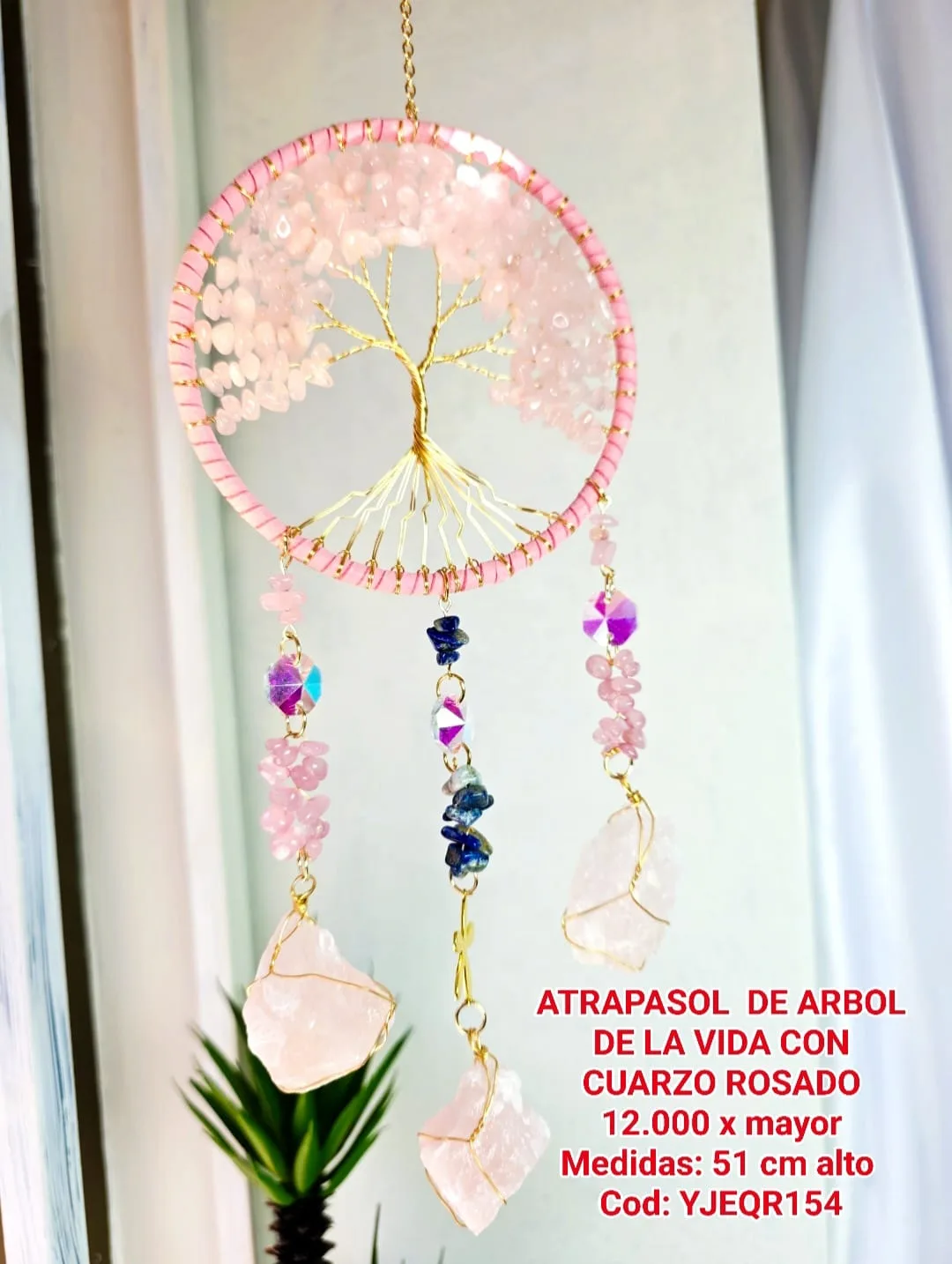 Atrapasoles Árbol de la Vida en Cuarzo Rosa con Piedras Naturales y Cuarzos en Bruto