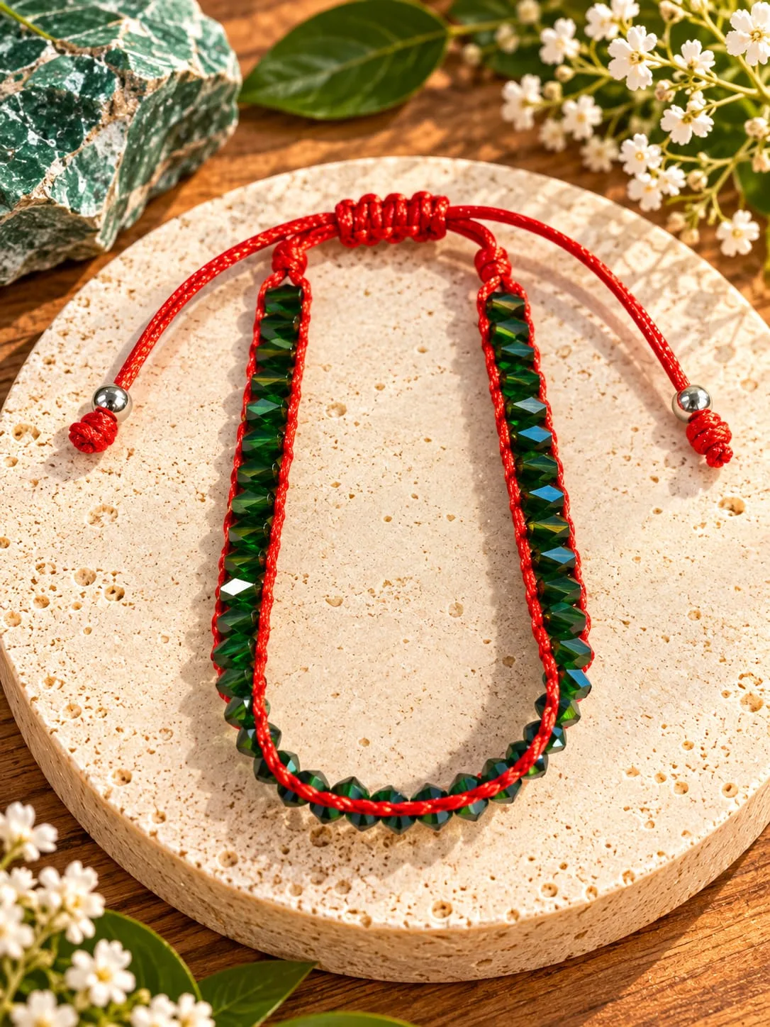 Pulsera de Cristal Verde con Hilo Rojo