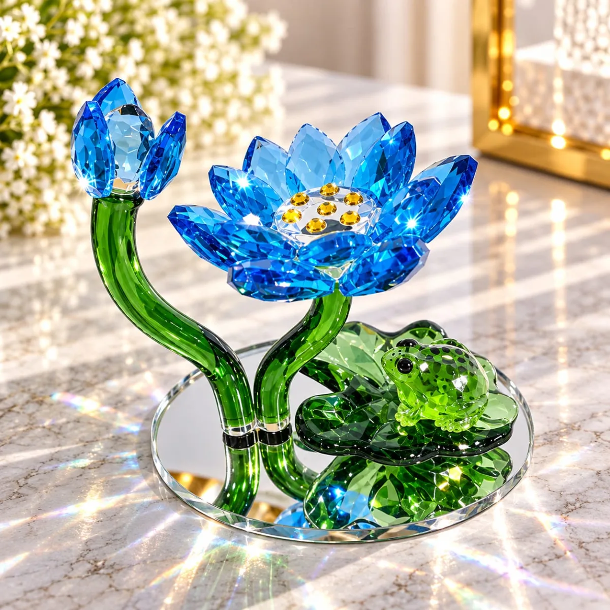 Figura de Cristal de Flor de Loto con Rana (Azul)