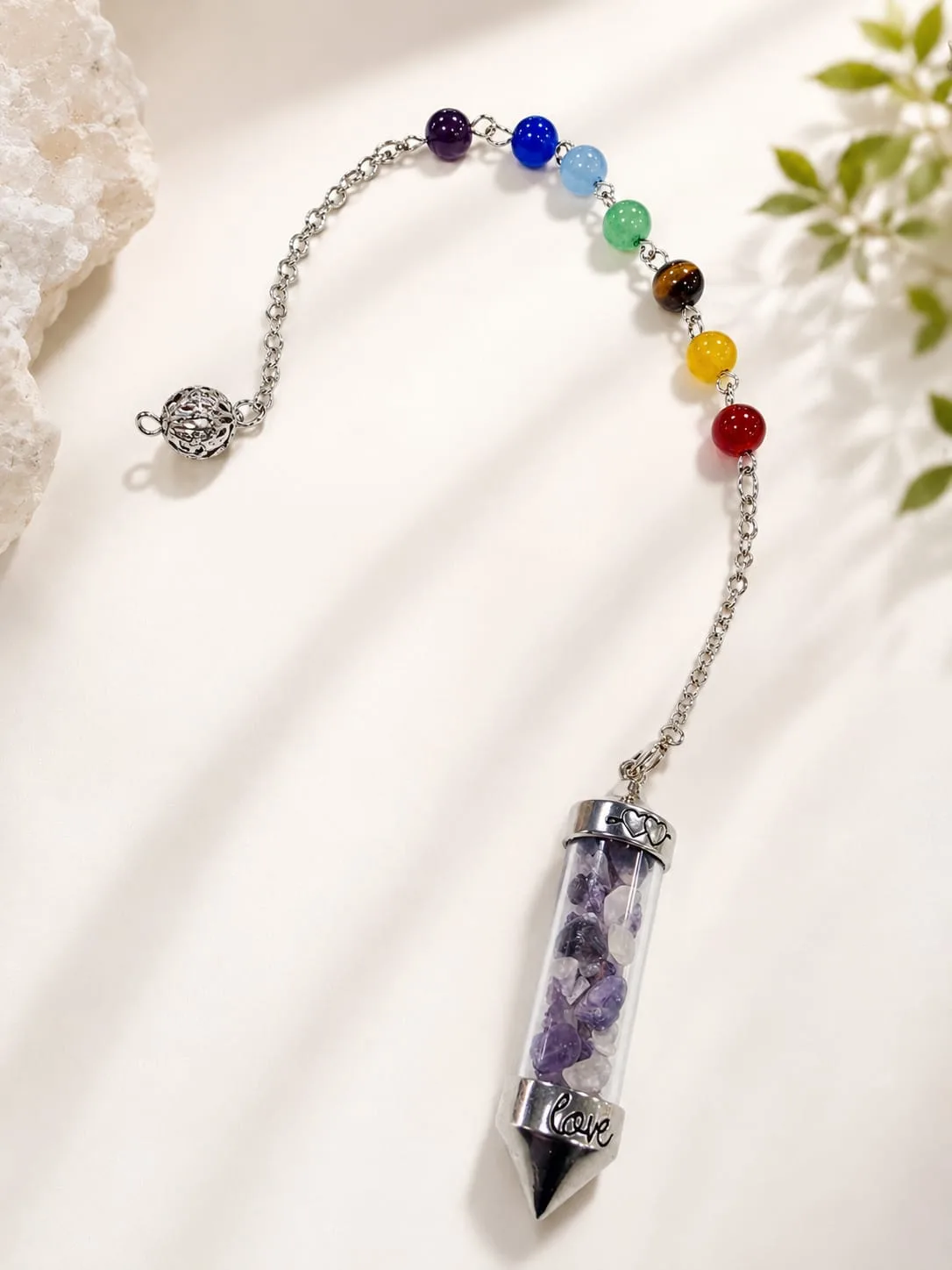 Péndulo 7 Chakras y Cuarzo Molido - Fluorita