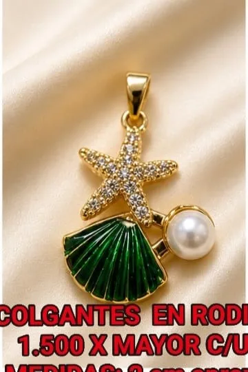 Colgante en Rodio - Estrella de mar con piedras, concha verde esmaltada y perla