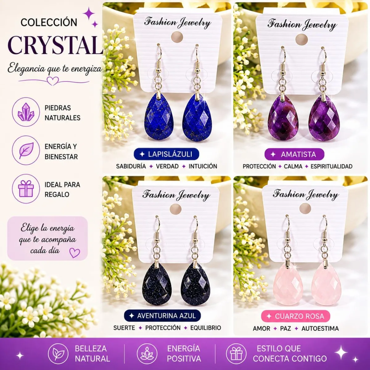 Aros Gancho Acero Quirúrgico Lapislázuli Amatista Aventurina Azul y Cuarzo Rosa