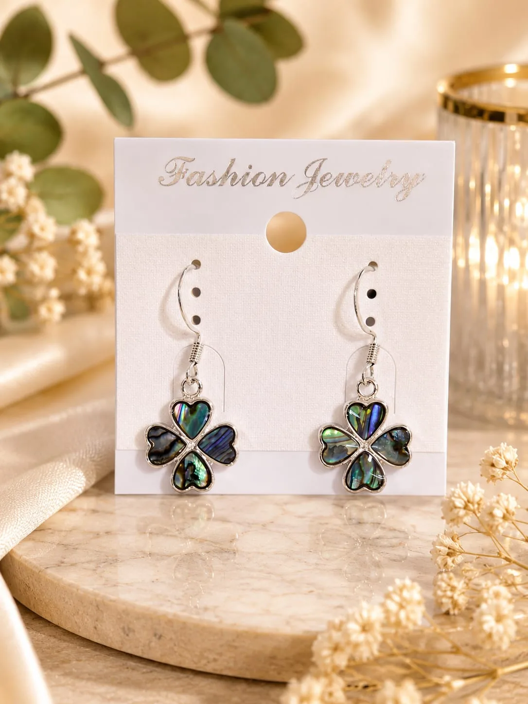 Aros de Avalón Natural con Peltre - Trébol de 4 Hojas