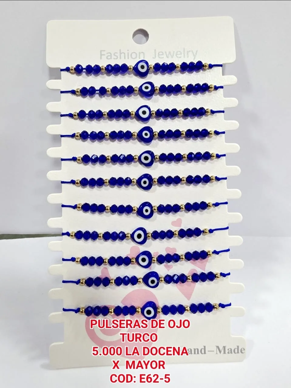 Pack 12 Pulsera Holística de Cristales Facetados Azules con Dije Central de Ojo Turco en Forma de Corazón