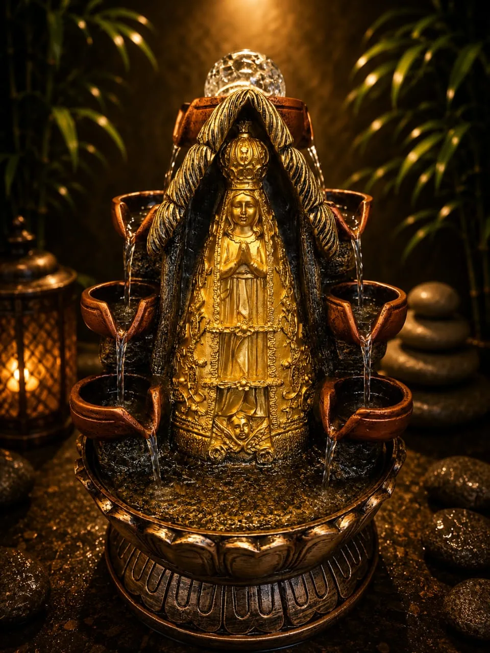 Fuente De Agua Virgen Maria Cascada Esfera Cristal Luz Led