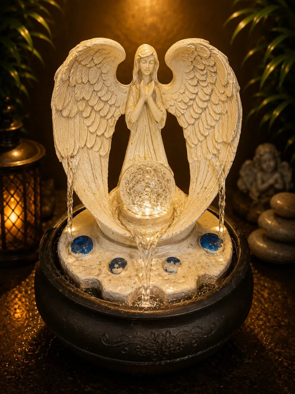 Fuente De Agua Angel Cascada Esfera Cristal Luz Led 21cm