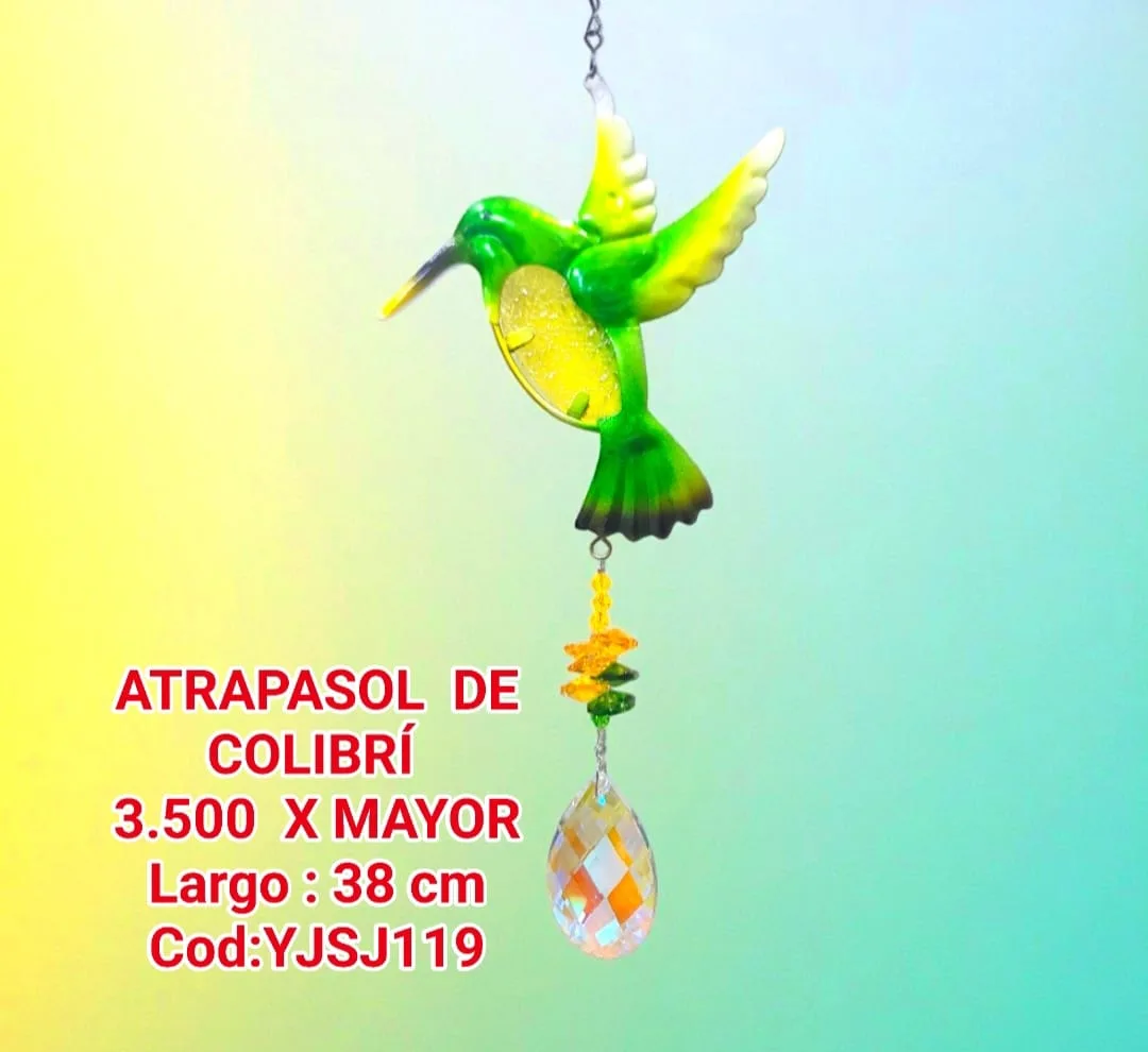 Atrapasoles Móvil Colibrí Verde Cítrico y Amarillo con Medallón Lágrima Prismático Iridiscente