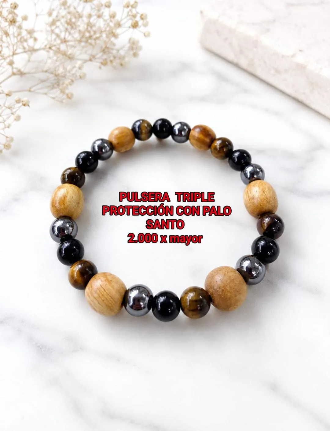 Pulsera triple protección con palo santo