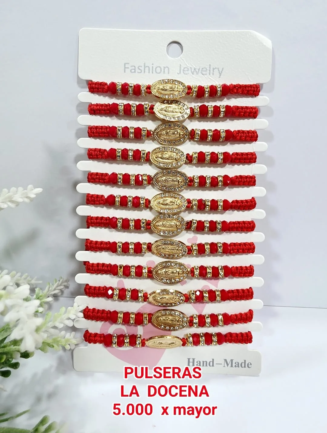 Pack 12 Pulsera Protectora de la Virgen de Guadalupe en Hilo Rojo Macramé con Bisel de Cristales Estrás y Cuentas Facetadas