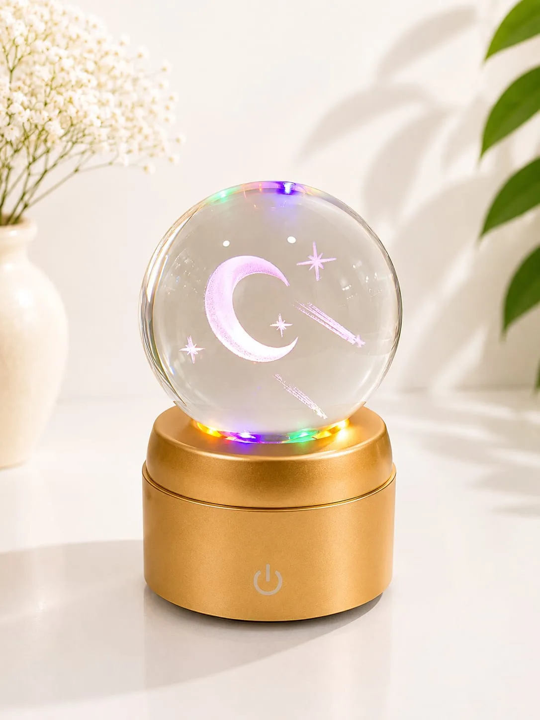Lampara de Mesa Bola de Cristal Giratorio Lunar con Base Dorada