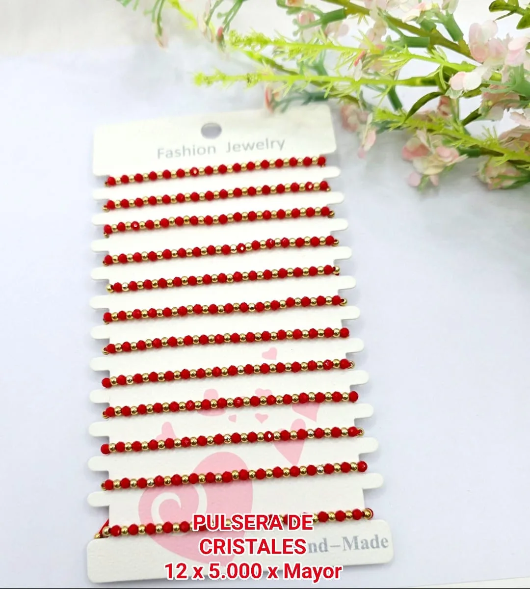 Pack 12 Pulsera Minimalista de Cristales Facetados Rojos e Intercalados con Balines Dorados
