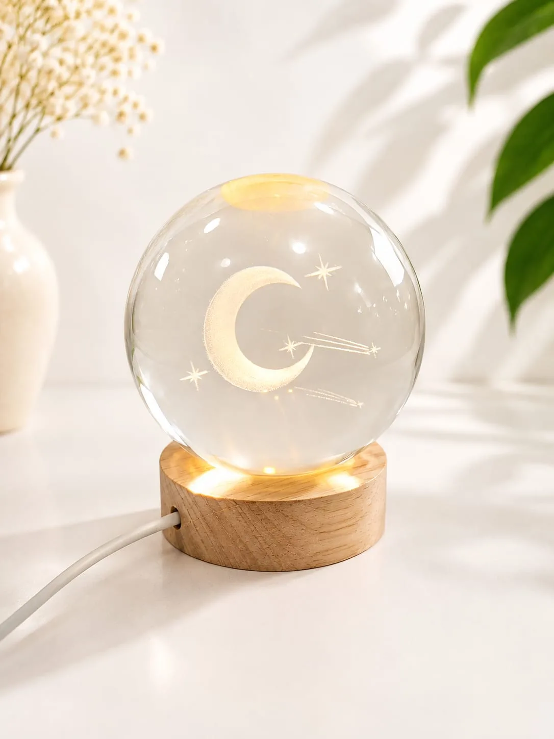 Lampara de Mesa Bola de Cristal Lunar con Base de Madera