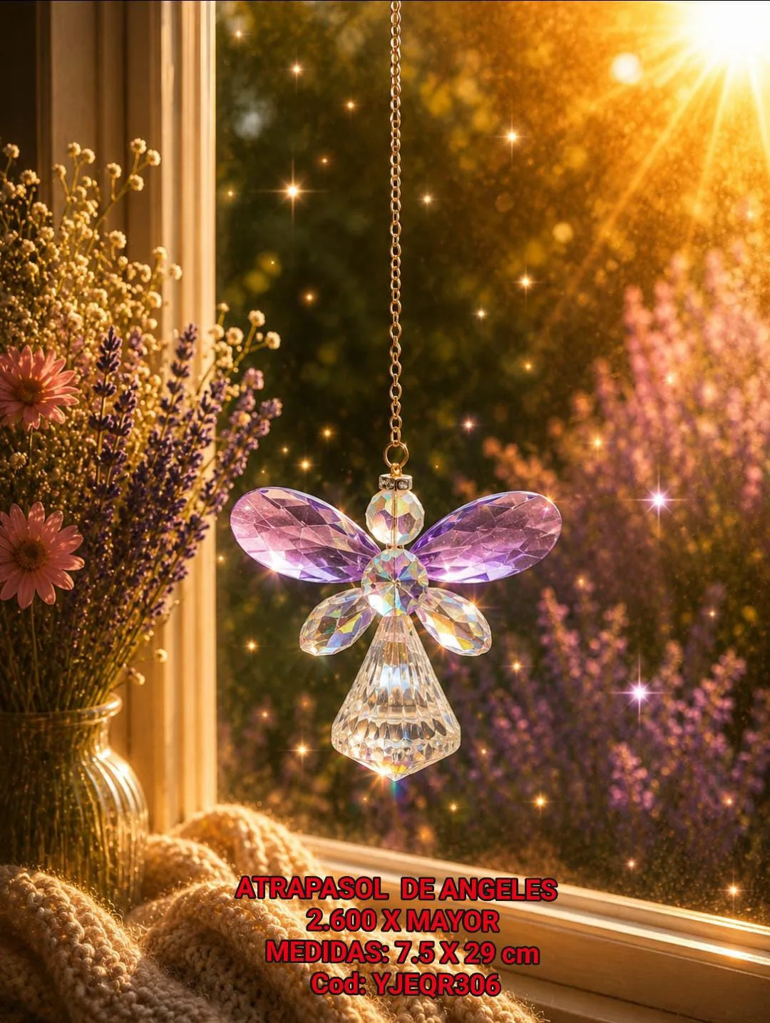 Atrapasoles Ángel Guardián de Cristal Facetado con Alas Violeta y Prisma Irradiante