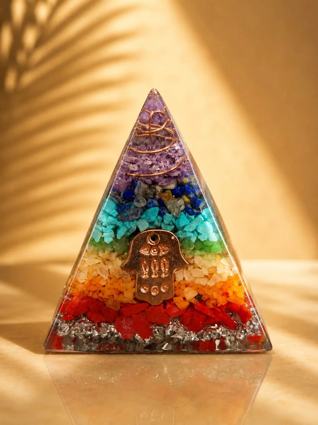 Pirámide de Orgonita o Orgón - Hamsa - multicolor (chakras/arcoíris)