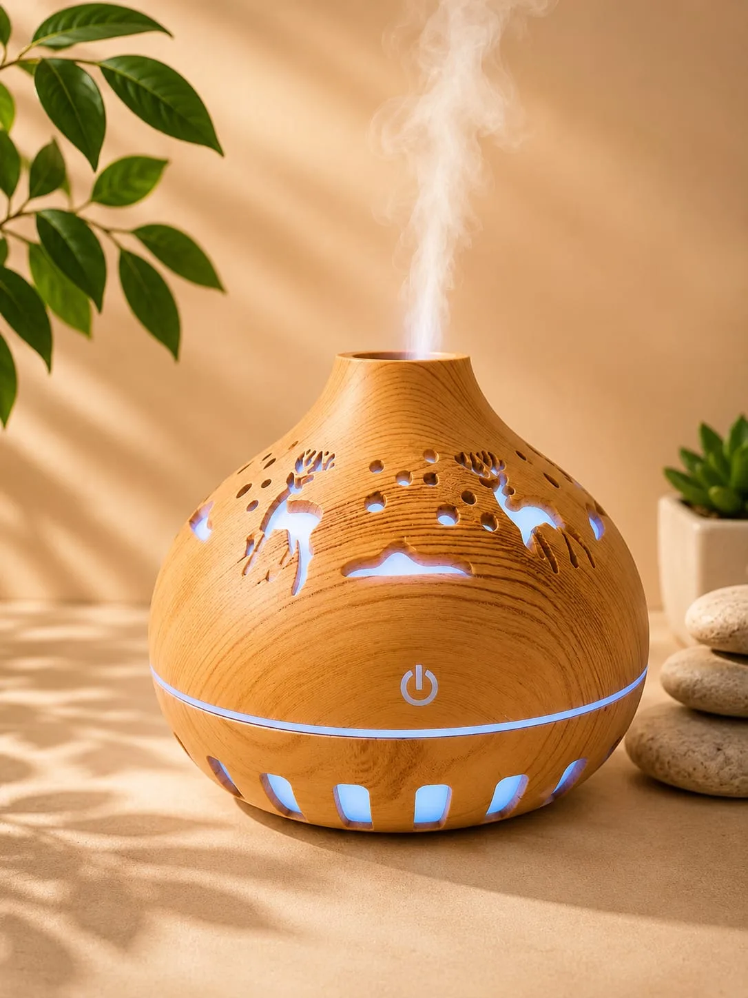 Difusor Humidificador de Madera con Diseño de Venado, Color Claro