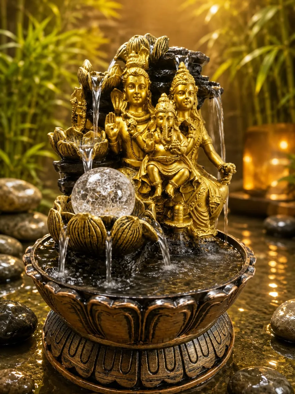 Fuente Agua Shiva Parvati Ganesha Cascada Esfera Cristal