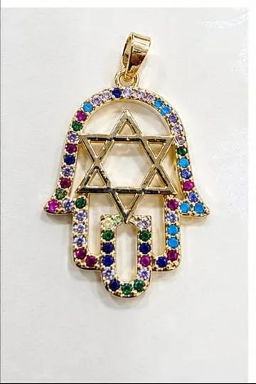 Colgante de Rodio - Mano de Hamsa con Estrella de David piedras multicolor