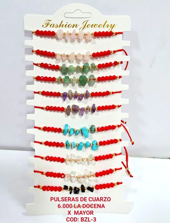 Pack 12 Pulsera Protectora de Hilo Rojo y Cristales Facetados con Chips Centrales Piedra de Cuarzo