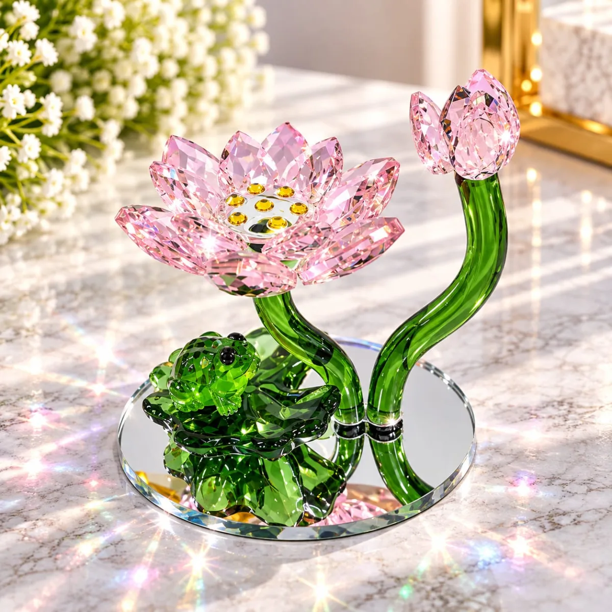 Figura de Cristal de Flor de Loto con Rana (Rosado)