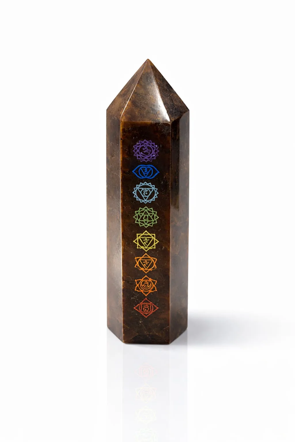 Obelisco de Cuarzo con Símbolos de Chakras - Ojo de Tigre