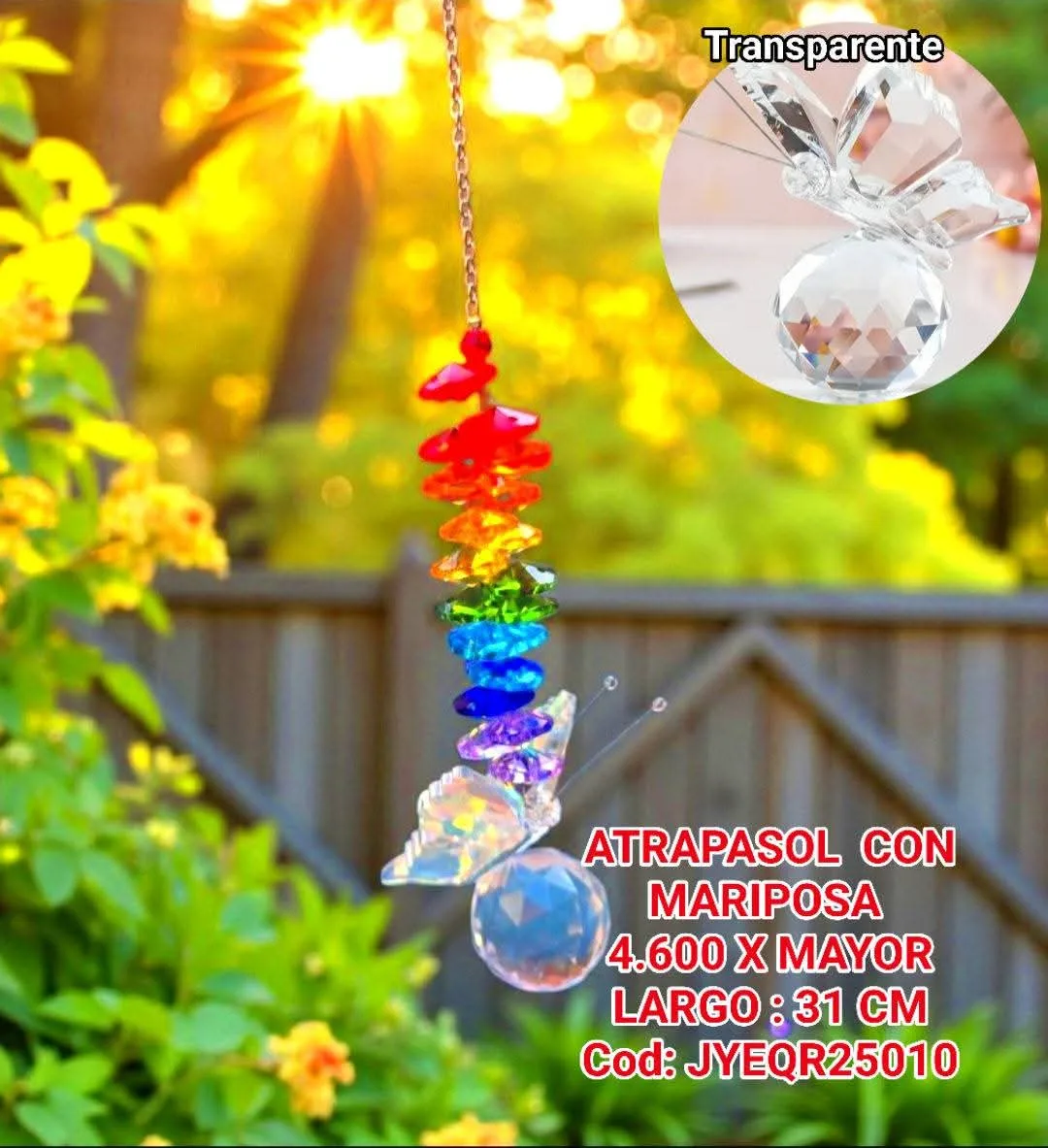 Atrapasoles Vertical 7 Chakras con Mariposa Esculpida en Cristal de Cuarzo y Esfera Prismática