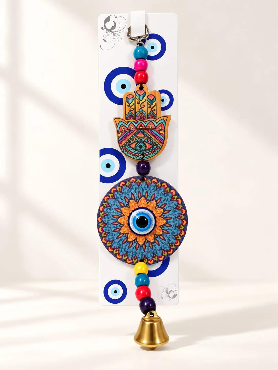 Colgante Ojo Turco con Campana Mano de Fátima y Mandala Naranja