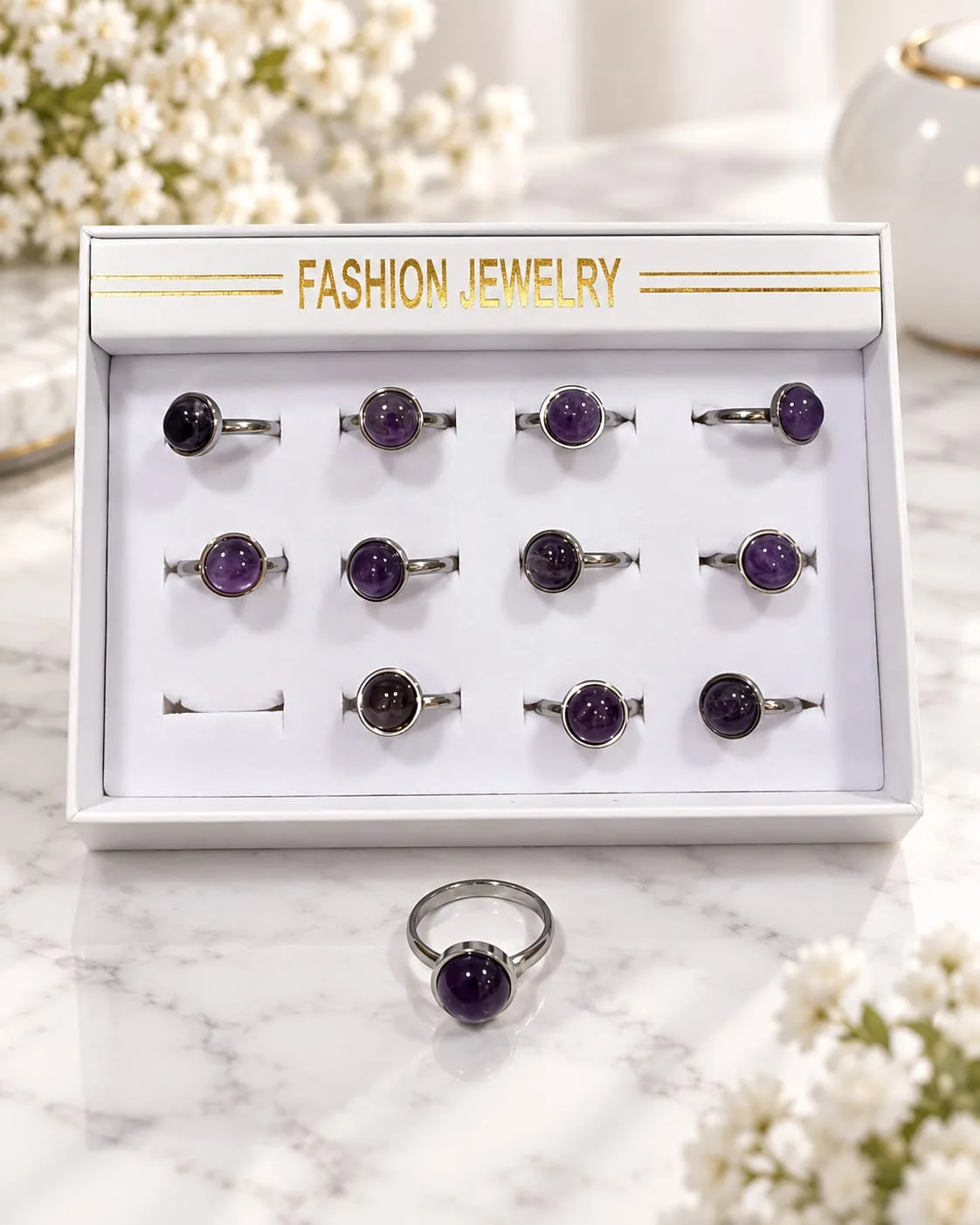 Caja de Anillos Ajustables de Acero con Amatista