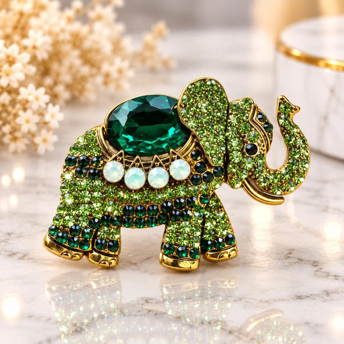 Prendedor de Elefante con Strass Verde