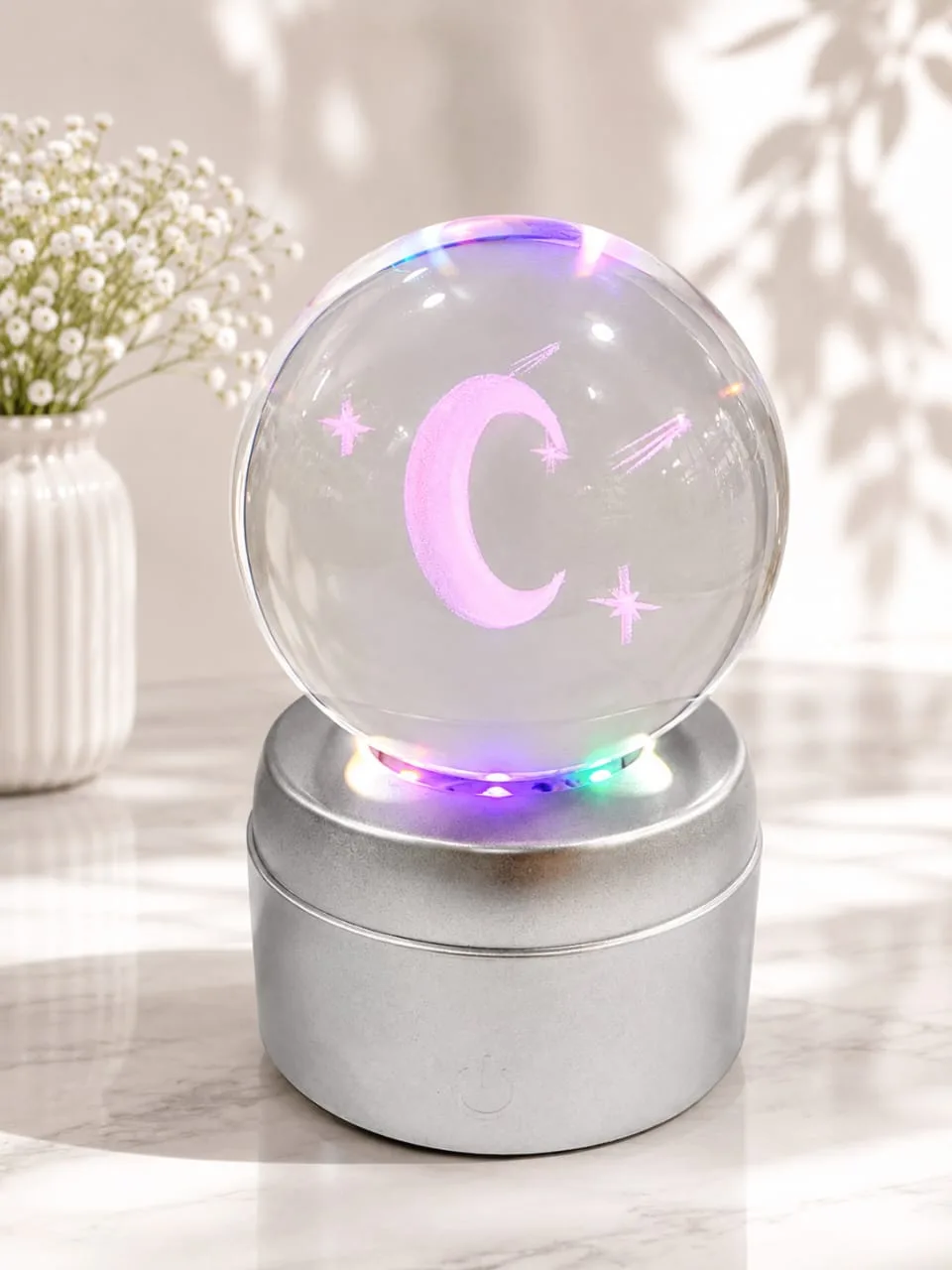 Lampara de Mesa Bola de Cristal Giratorio Lunar con Base Plateada
