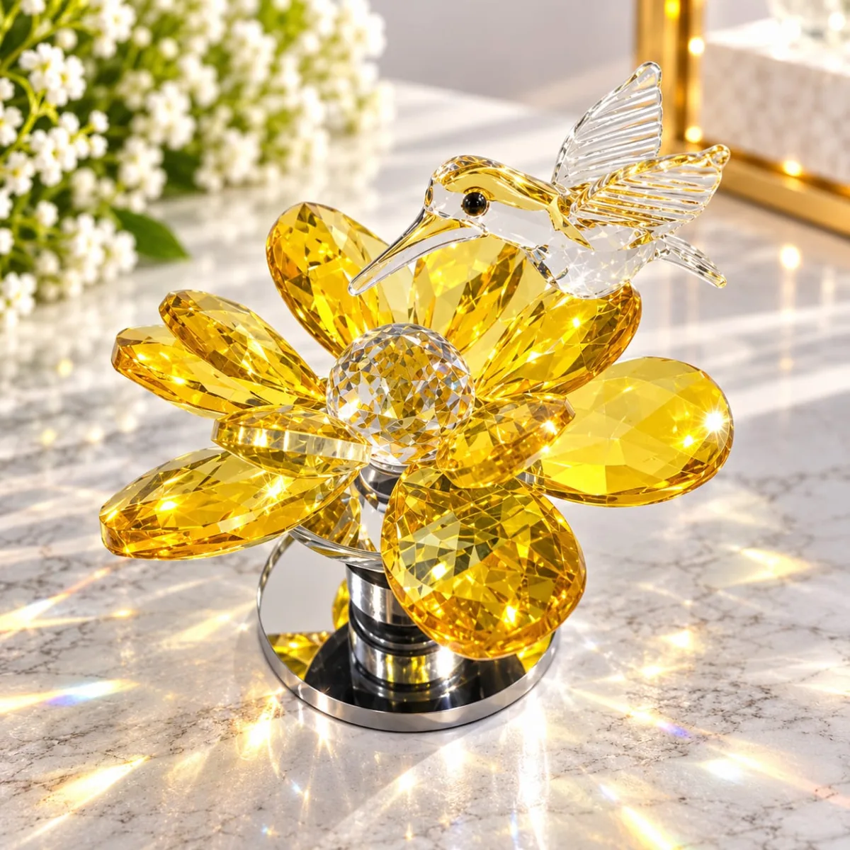 Flor de Loto con Colibrí Giratorio de Cristal (Amarillo)