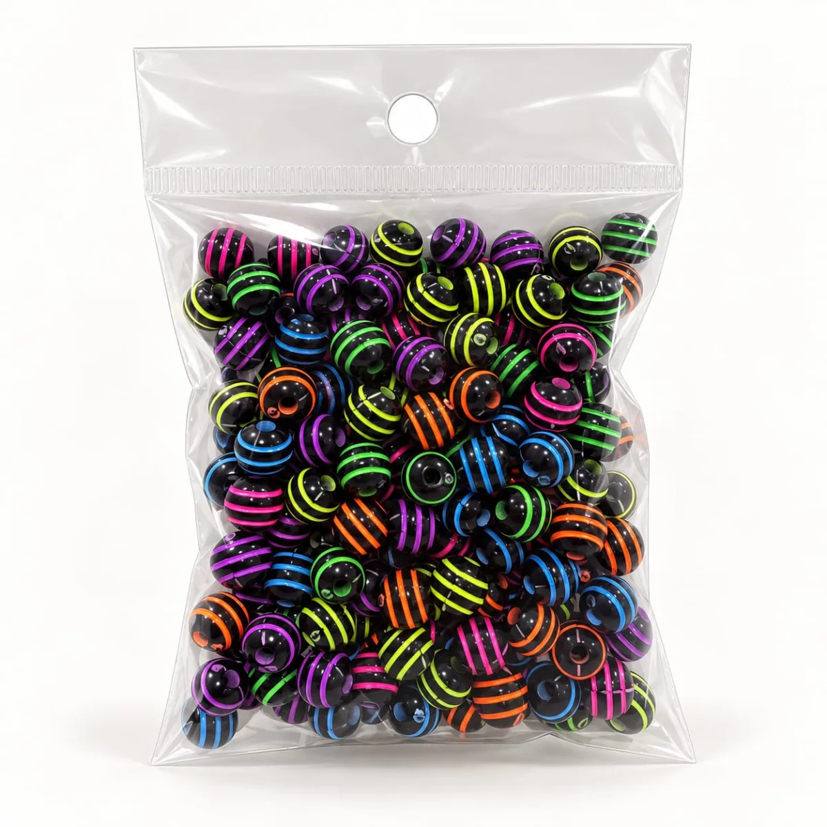 Cuenta Acrílica Rayada 8mm Negro con Rayas de Colores Neón