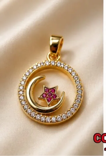 Colgante en Rodio - Luna con estrella rosa/fucsia