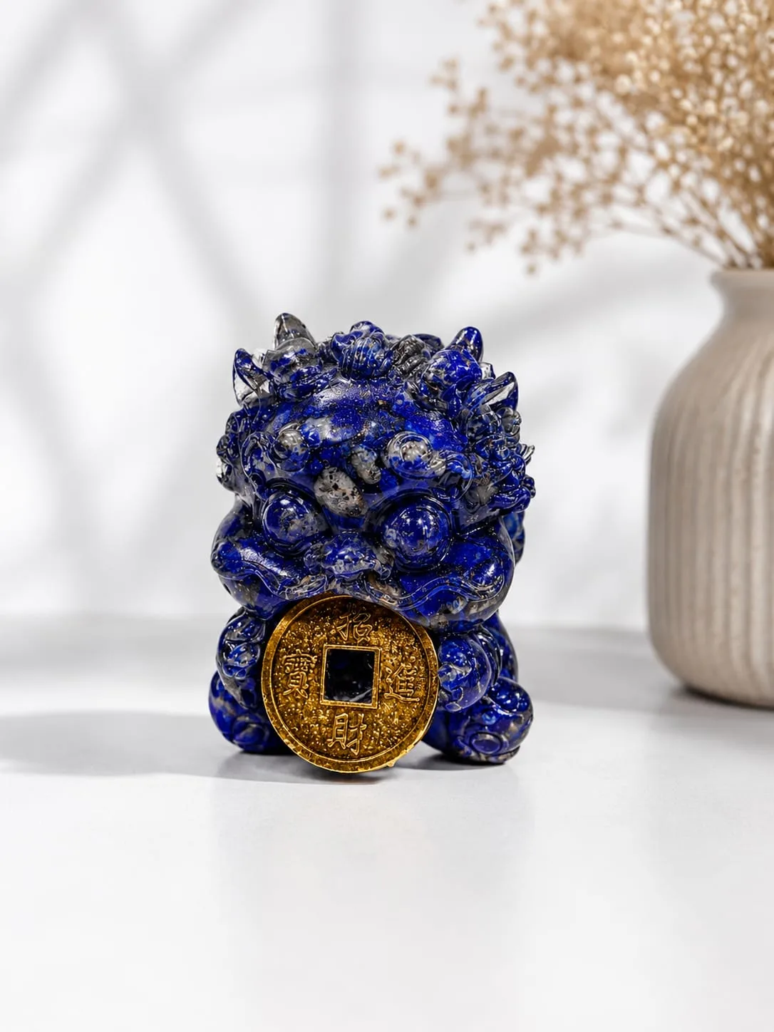 Perro Fu Chino (Pixiu) con Moneda China, Color Azul (Lapislázuli)