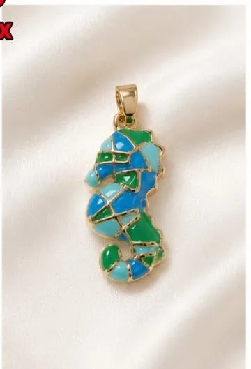 Colgante en Rodio - Caballito de mar esmaltado verde-turquesa