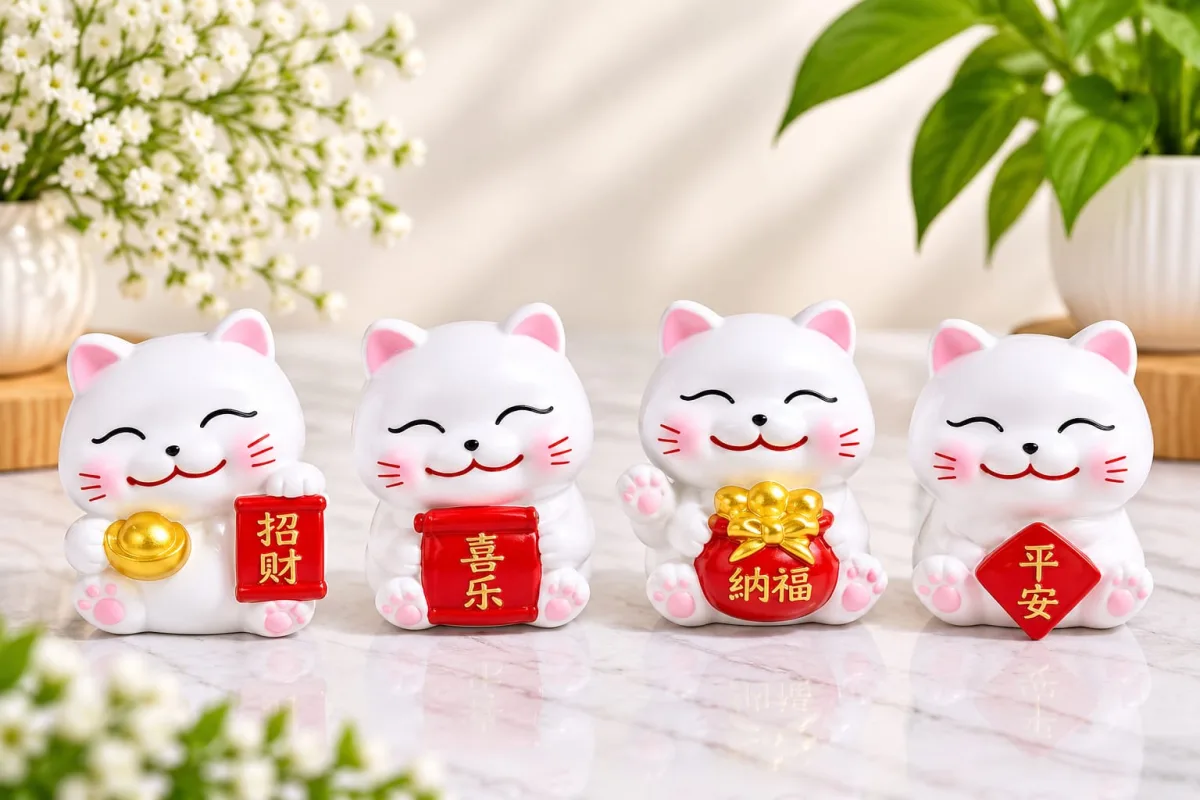 Figura de Gato de la Suerte con Carteles Rojos