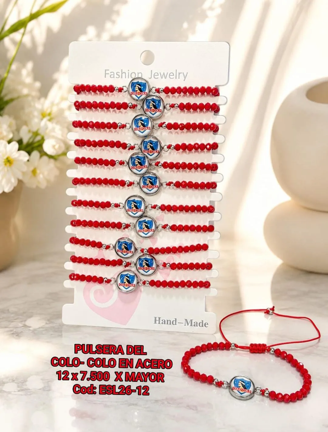 Pack 12 Pulsera Futbolera Colo-Colo en Hilo Rojo con Cristales Facetados y Dije Circular de Acero