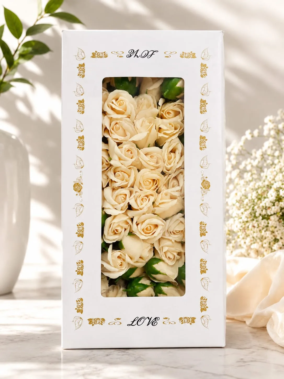 Caja de Rosas de Jabón Color Crema/Champán
