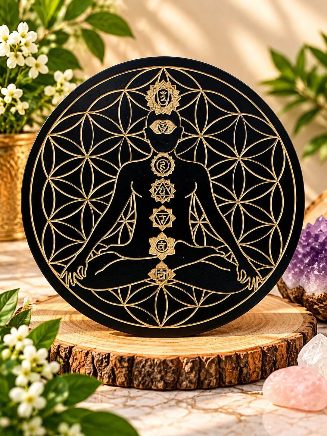 Rejilla de Madera Negra Chakras y Flor de la Vida 30x30 cm