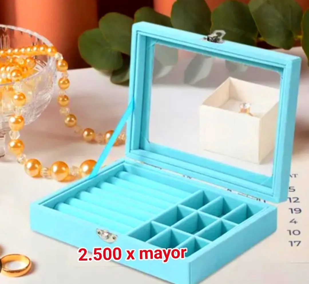 Joyero de Terciopelo con Tapa de Vidrio (Turquesa / Celeste)