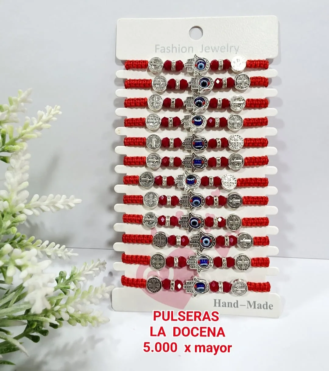 Pack 12 Pulsera Protectora Tejida en Macramé de Hilo Rojo con Doble Medalla de San Benito, Mano de Hamsa y Ojo Turco Azul