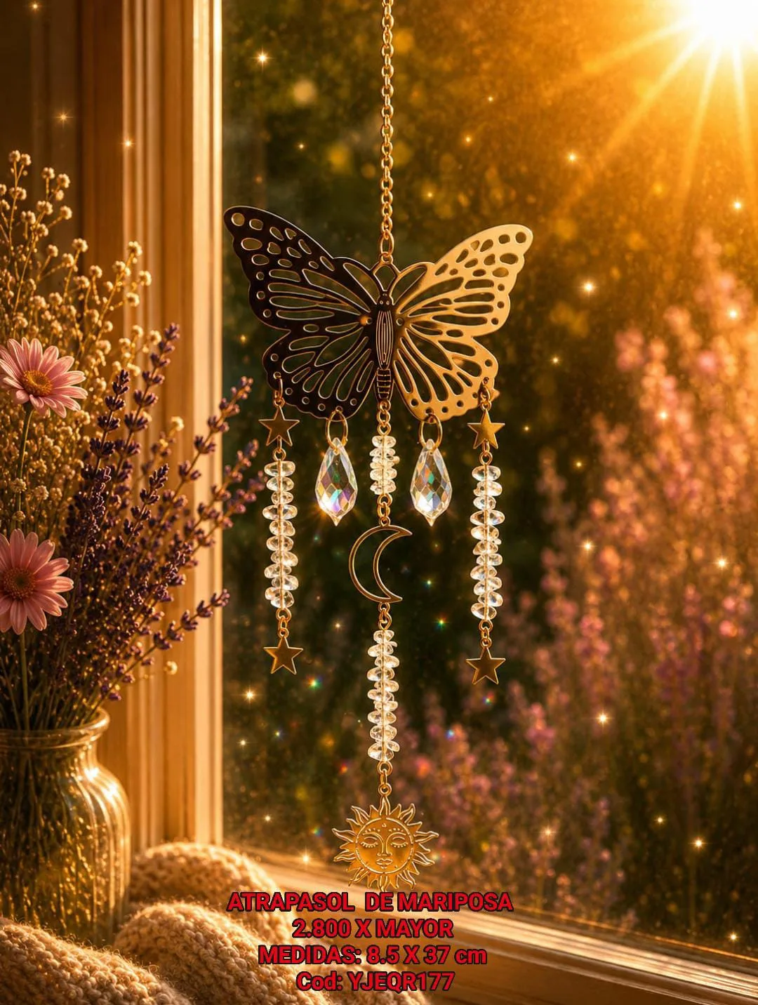 Atrapasoles Mariposa Dorada Calada con Piedras Chips de Cuarzo Cristal, Sol y Luna